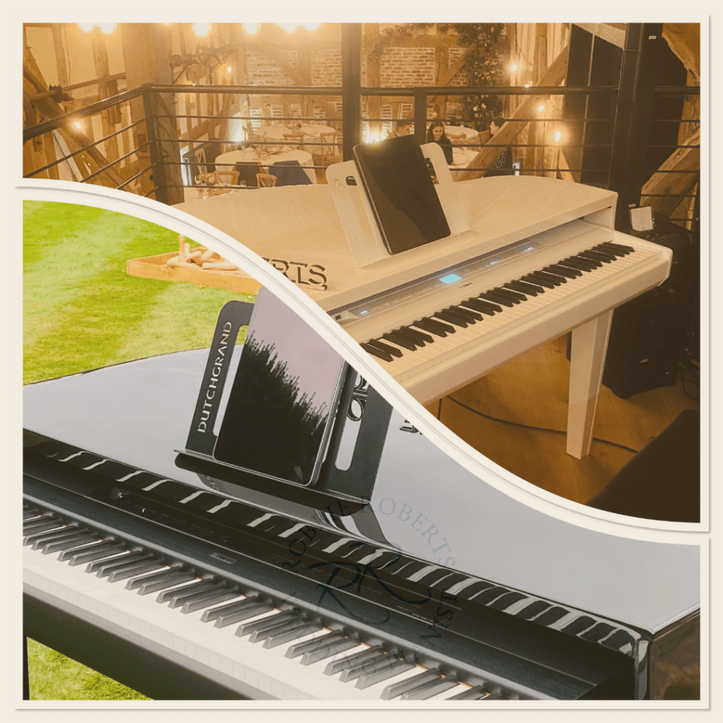 The white and black baby grand piano set-ups offered by Robbie Roberts Wedding Pianist